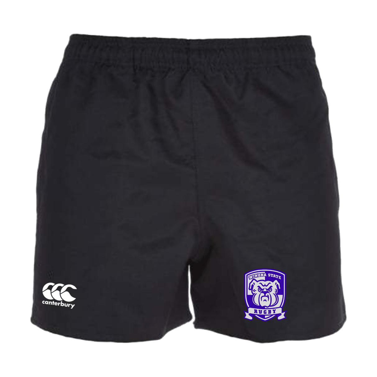 Winona State University Professional Polyester Rugby Short by Canterbury with an elastic waistband, featuring the EMB Canterbury logo on the left leg and a purple and white team emblem with a bulldog on the right leg.