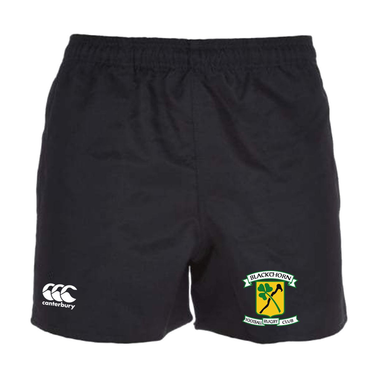 Black athletic rugby shorts with EMB Canterbury logo on the left and a Blackthorn Rugby Club emblem on the right, featuring an elasticated waistband.