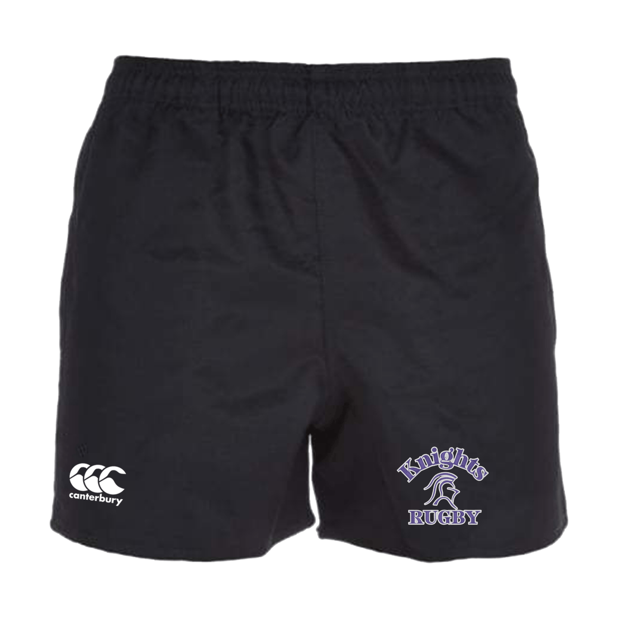 Ardrey Kell Rugby Advantage Rugby Shorts by Canterbury made with moisture-wicking fabric, featuring a white "Canterbury" logo on the left leg and a "Knights Rugby" logo with a knight helmet on the right leg.