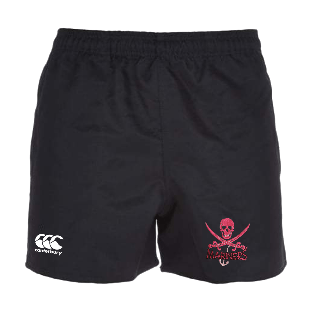 Black SUNY Maritime Professional Polyester rugby shorts with an elasticated waistband and the mariners logo featuring a skull and crossbones on the right leg by EMB Canterbury.