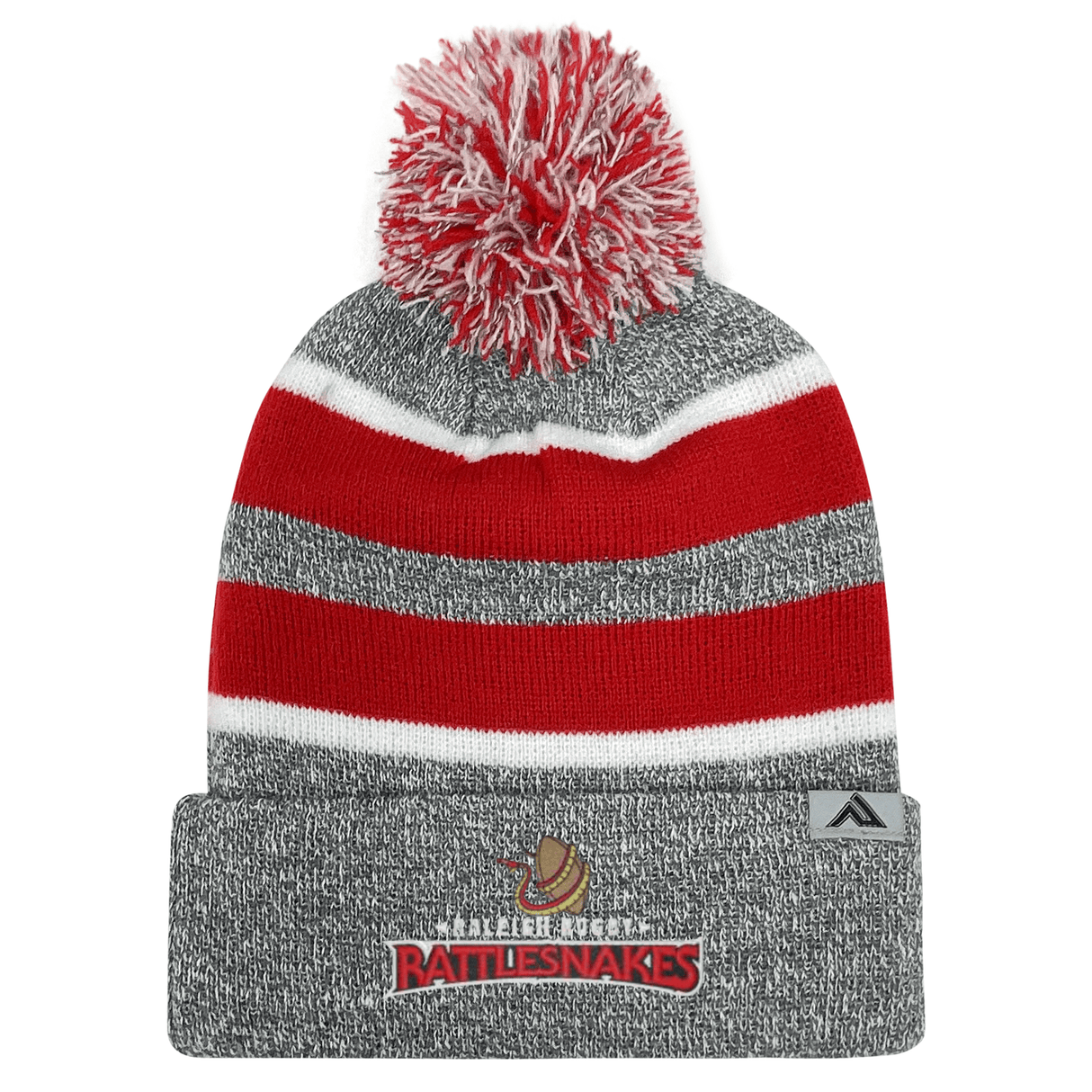 The EMB Augusta Raleigh Rattlesnakes Rugby Knit Pom-Pom Beanie features gray knit fabric with wide red and white stripes, a matching red and white pom-pom, plus the team logo and text on the front cuff.