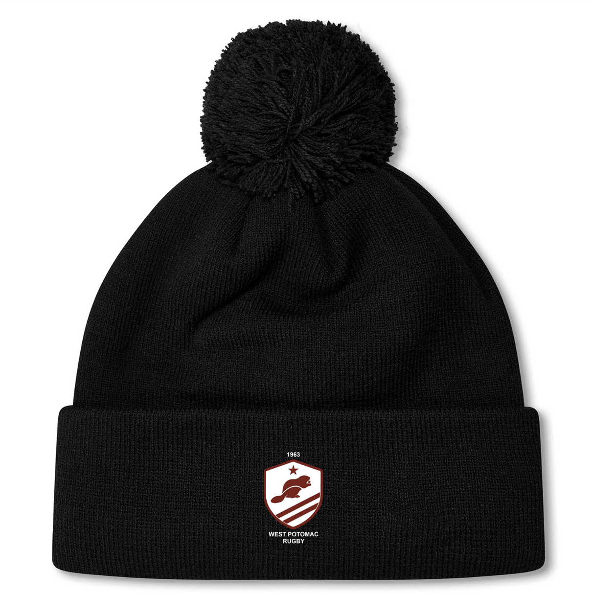 The West Potomac RFC Pom Pom Beanie by EMB Canterbury is a black, fleece-lined knit hat featuring a pom-pom on top and a red and white West Potomac Rugby logo on the front cuff.