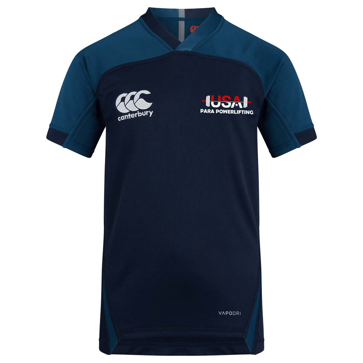 The USA Para Powerlifting Vapodri Evader Jersey by EMB Canterbury features moisture-wicking technology, "USAPL Para Powerlifting" on the left chest, and a Canterbury logo on the right.