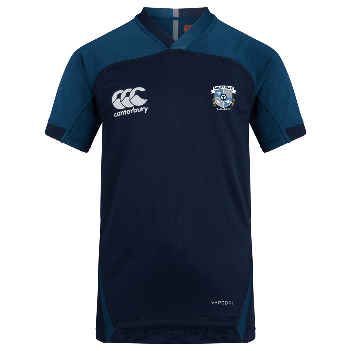 The Milwaukee Barbarians Rugby Vapodri Evader Jersey by EMB Canterbury is a navy and blue short-sleeved rugby top, featuring Canterbury and team crest logos, "Vapodri" text near the hem, and advanced moisture-wicking for on-field comfort.