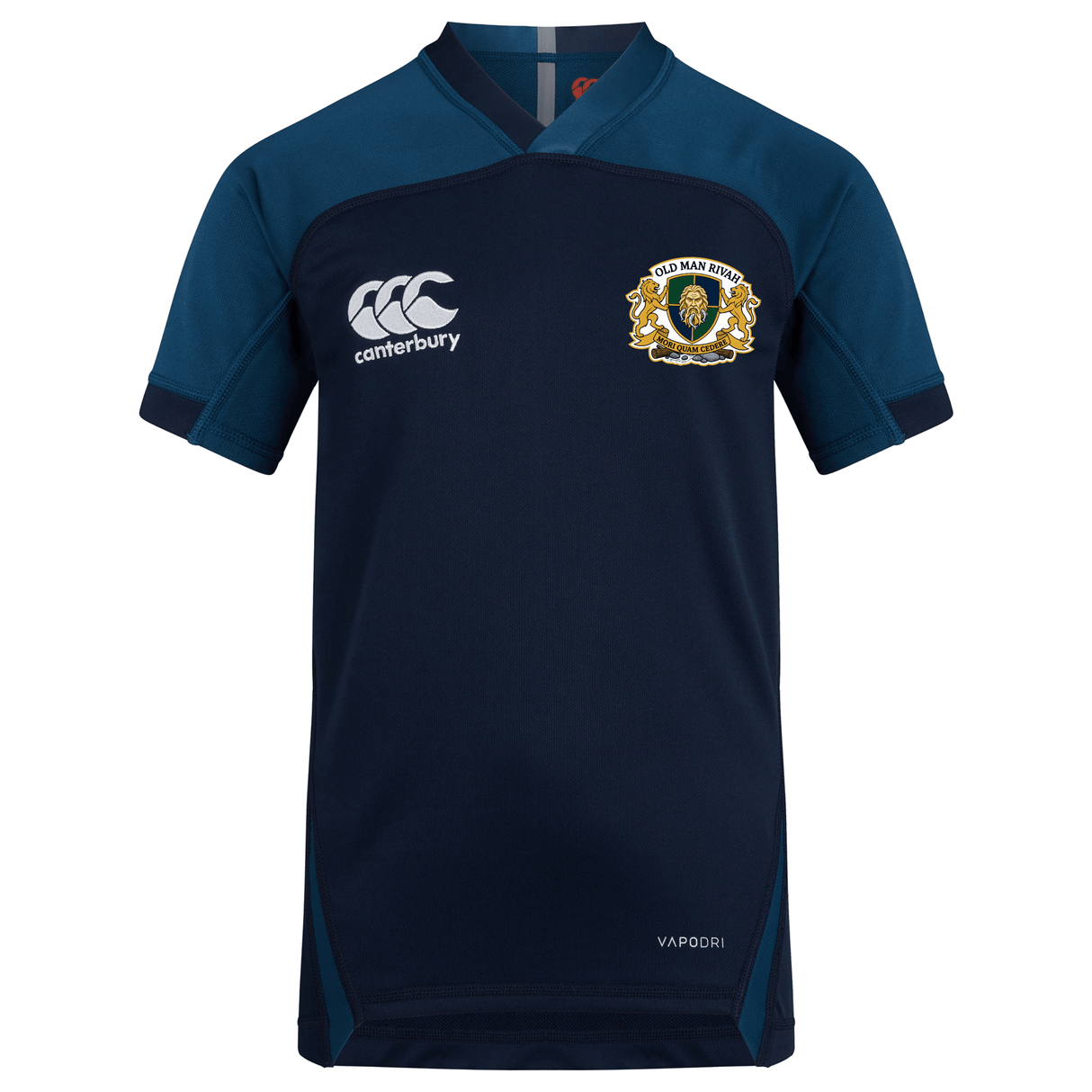 The Old Man Rivah Rugby Vapodri Evader Jersey by EMB Canterbury features moisture-wicking tech, the Canterbury logo, and the "Old Man Intiba" chest crest in navy blue and dark teal.