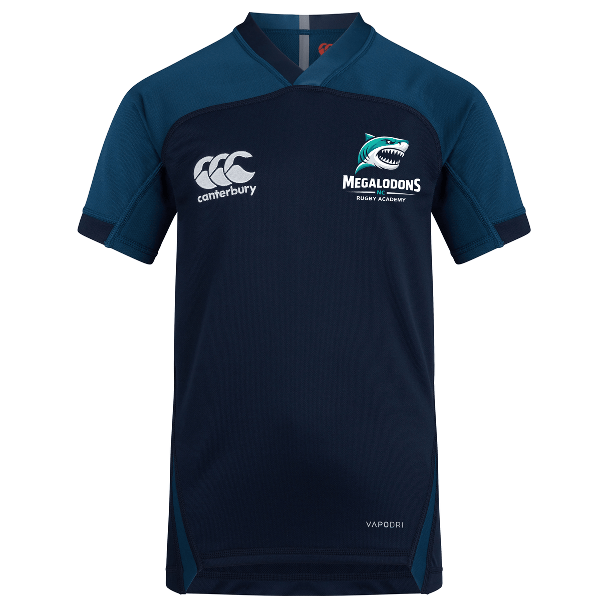 The NC Rugby Academy - Megalodons Vapodri Evader Jersey by EMB Canterbury features navy blue, short sleeves, crew neck, moisture-wicking fabric, and "Canterbury" plus "Megalodons Rugby Academy" logos on the chest.