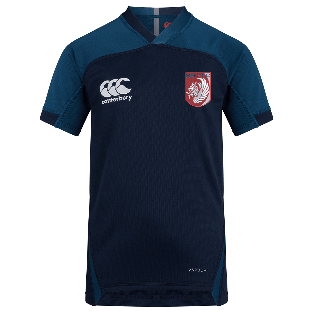 The Montgomery Bucks Griffins Vapodri Evader Jersey by EMB Canterbury is navy blue and dark teal, featuring moisture-wicking technology, a white Canterbury logo, and a red zebra crest on the chest.
