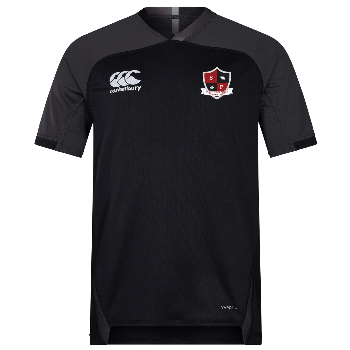 The Southern Pines Youth Rugby Vapodri Evader Jersey by EMB Canterbury is a black short-sleeve jersey featuring the Canterbury logo on the right and a shield emblem on the left. Designed with VapoDri technology, it keeps you cool and dry.