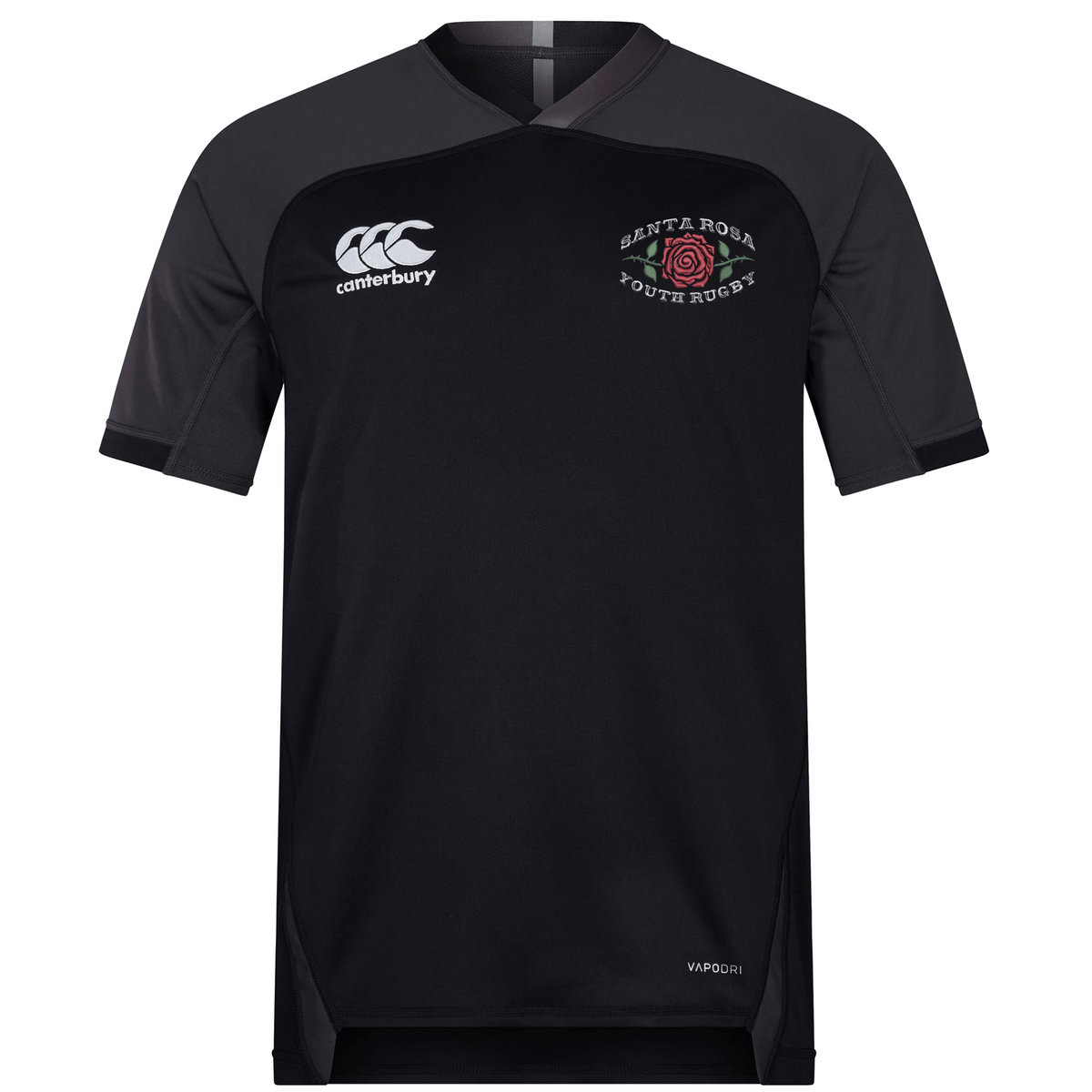 The Santa Rosa Youth Rugby Vapodri Evader Jersey by EMB Canterbury is a black and dark gray short-sleeve jersey featuring advanced moisture-wicking technology (Vapodri), the iconic EMB Canterbury logo, and a Santa Rosa Youth Rugby emblem with a red rose on the chest.