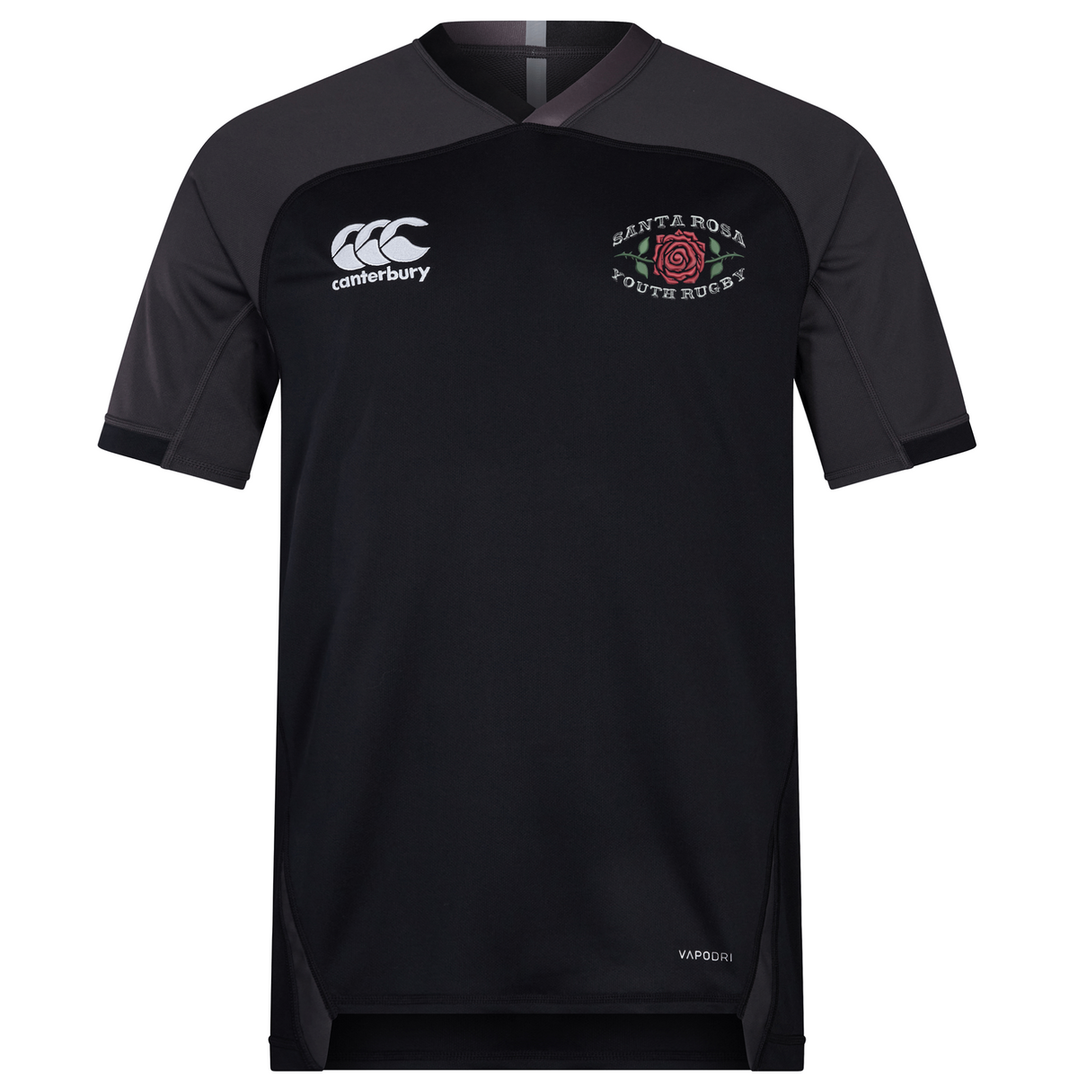 The Santa Rosa Youth Rugby Vapodri Evader Jersey by EMB Canterbury is a black and dark gray short-sleeve jersey featuring advanced moisture-wicking technology (Vapodri), the iconic EMB Canterbury logo, and a Santa Rosa Youth Rugby emblem with a red rose on the chest.