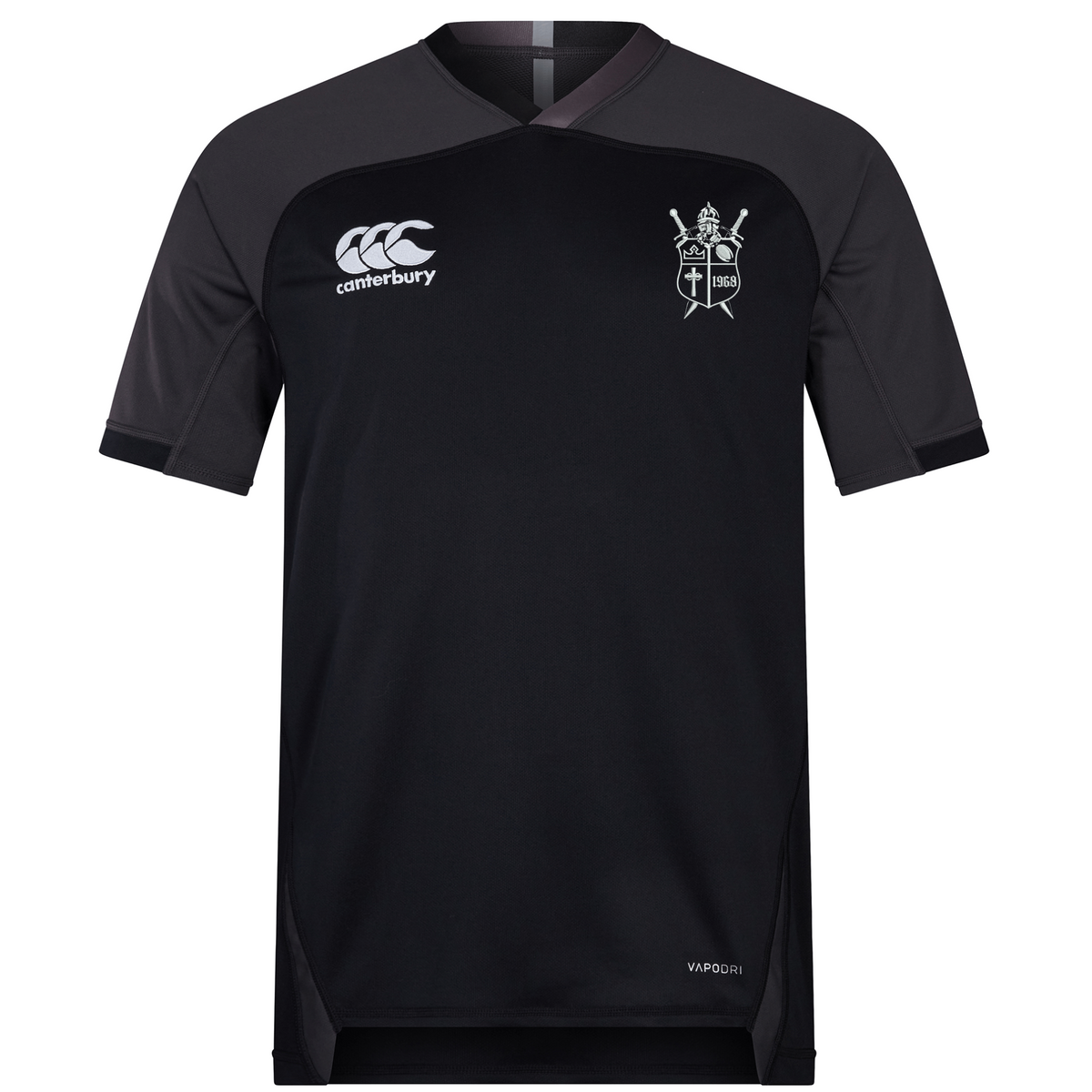 Black Cal Lutheran University Vapodri Evader Jersey by Canterbury featuring dark gray raglan sleeves, a right chest logo, and a left chest crest with two crossed swords.