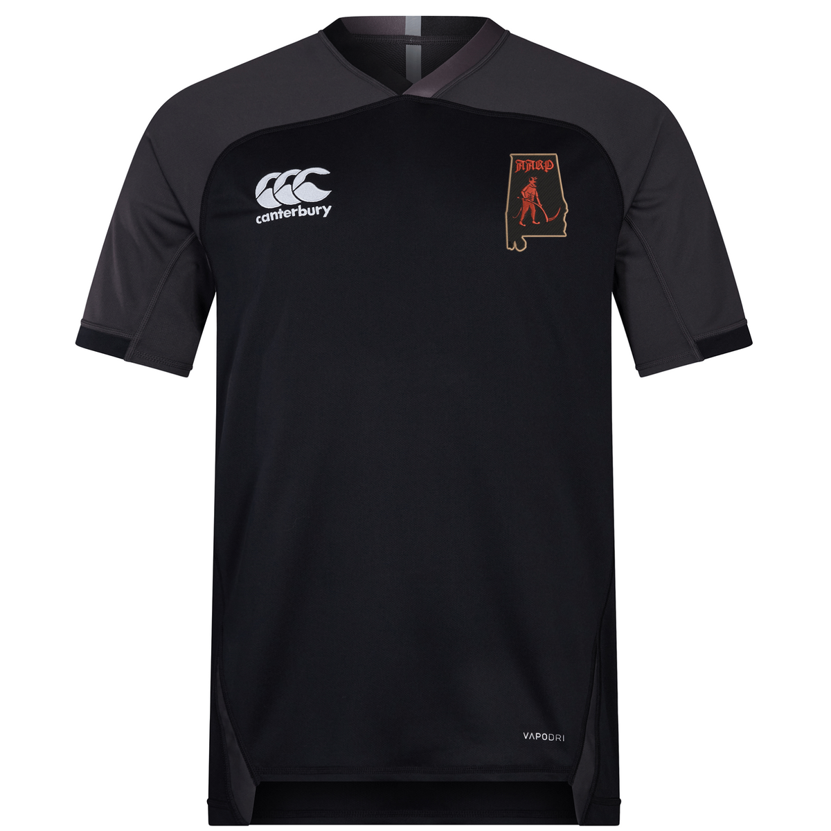 Black Aging Alabama Rugby Players Vapodri Evader Jersey by Canterbury featuring an Alabama state outline logo with an AARP hockey player graphic.