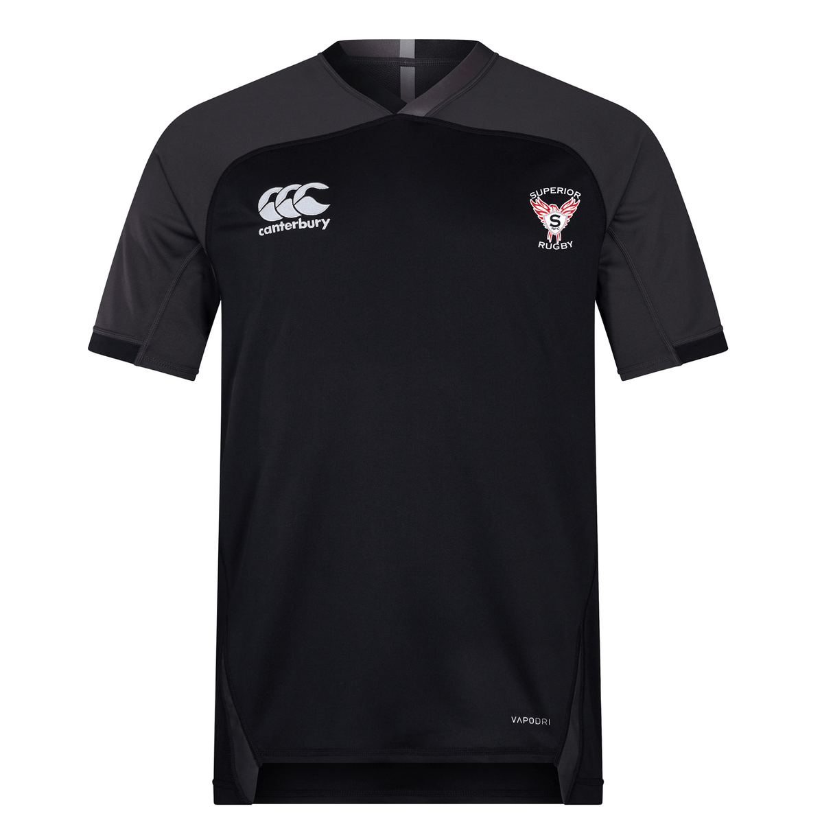 A black Superior Rugby Club Vapodri Evader Jersey by EMB Canterbury, featuring short sleeves and "Canterbury" plus "Salford Red Devils" logos on the chest. Made with moisture-wicking Vapodri tech, shown on a plain white background.