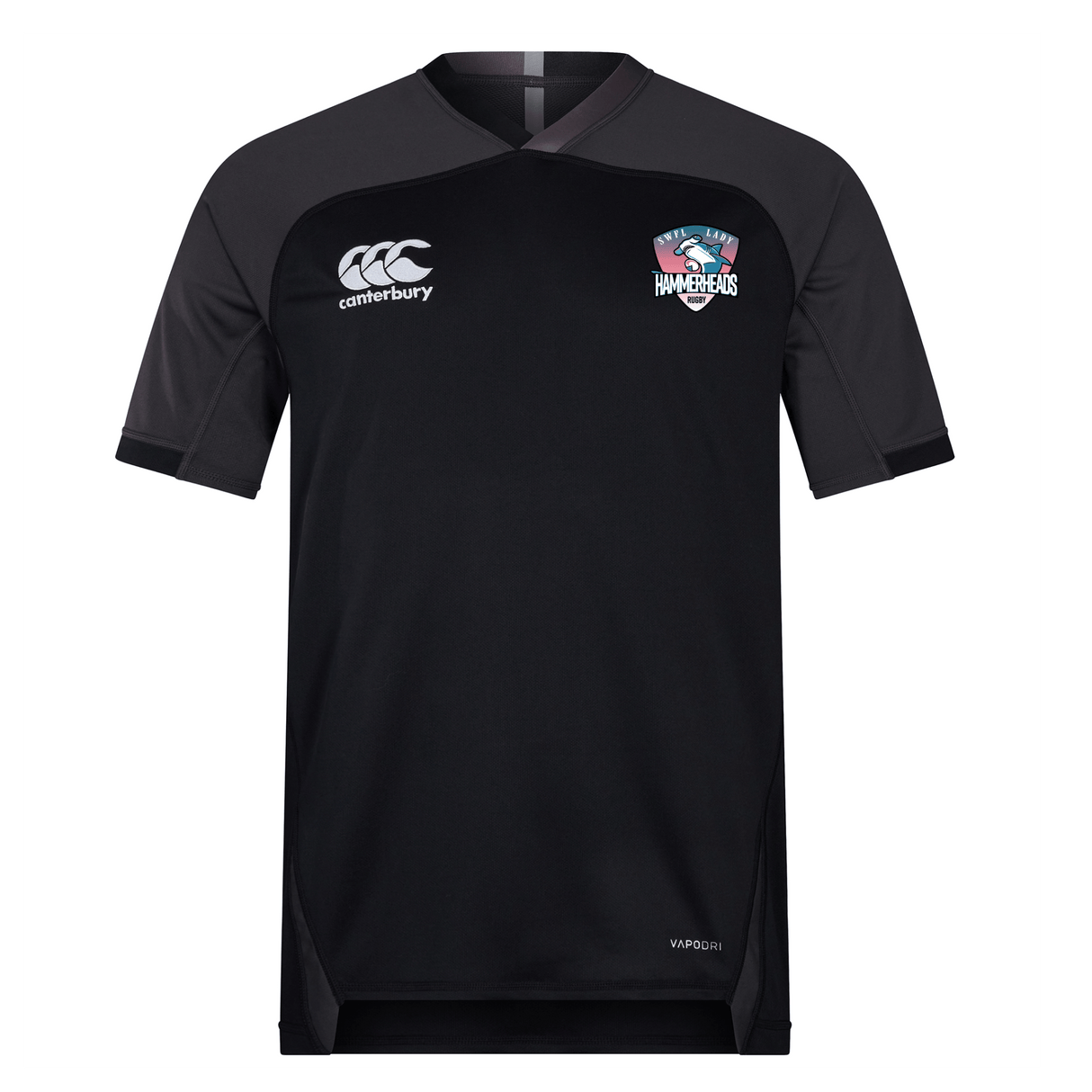 The SWFL Lady Hammerheads Vapodri Evader Jersey by WRS Canterbury features black short sleeves, dark gray sleeves, moisture-wicking tech, a Canterbury logo, and a USA Hammers crest—ideal for Rugby World Cup fans.