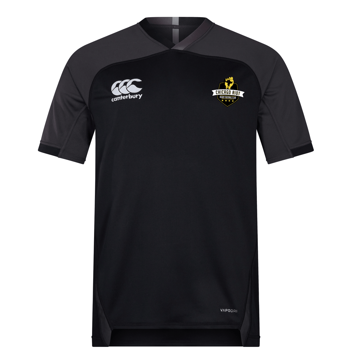 Black short-sleeve Chicago Riot Vapodri Evader Jersey by EMB Canterbury, featuring moisture-wicking fabric, the "EMB Canterbury" logo on the right chest, and a "Chicago Riot Rugby" crest on the left chest.