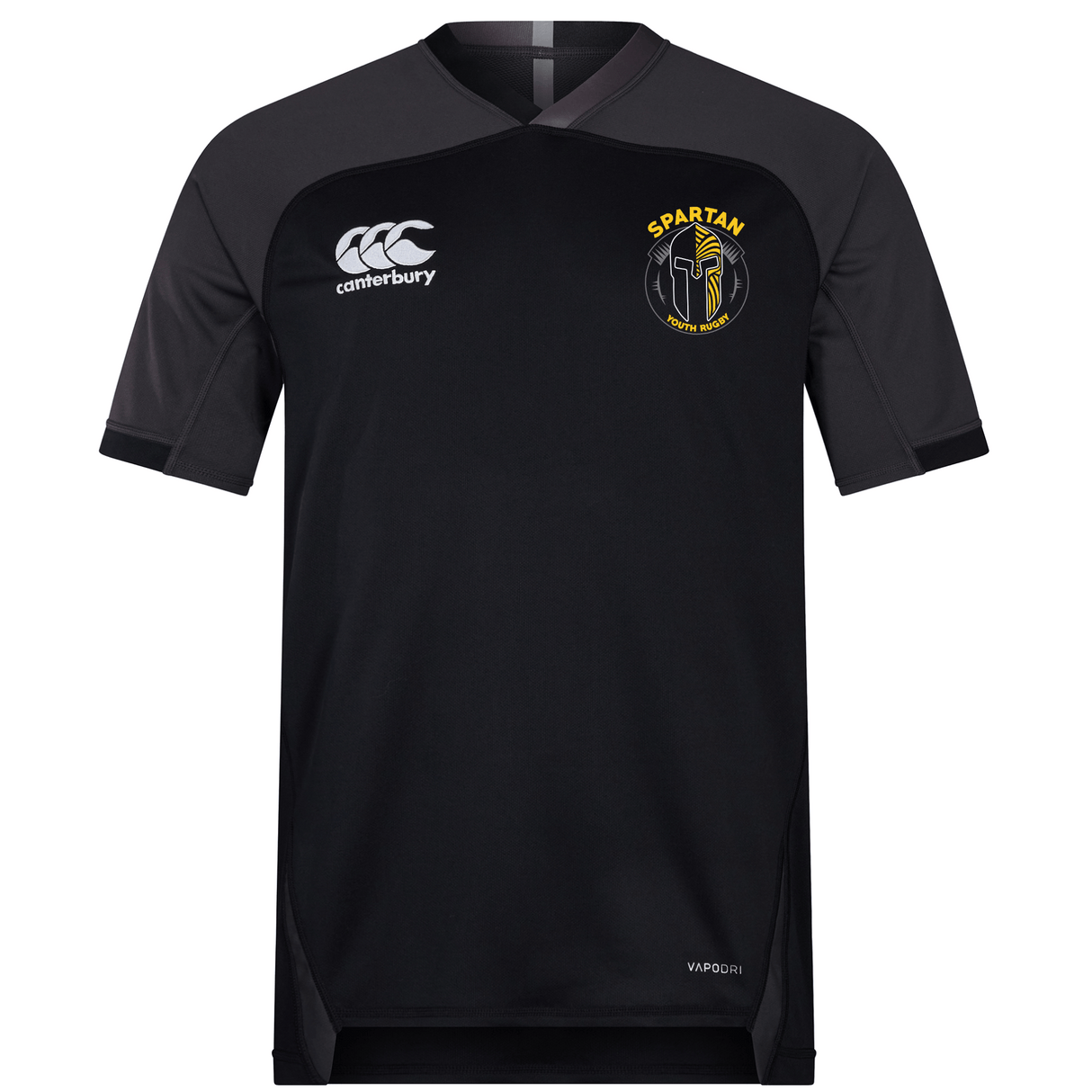 The Spartan Youth Rugby Vapodri Evader Jersey by EMB Canterbury is a black short-sleeve top with moisture-wicking fabric, the Canterbury logo on the right chest, and a yellow Spartan emblem on the left.