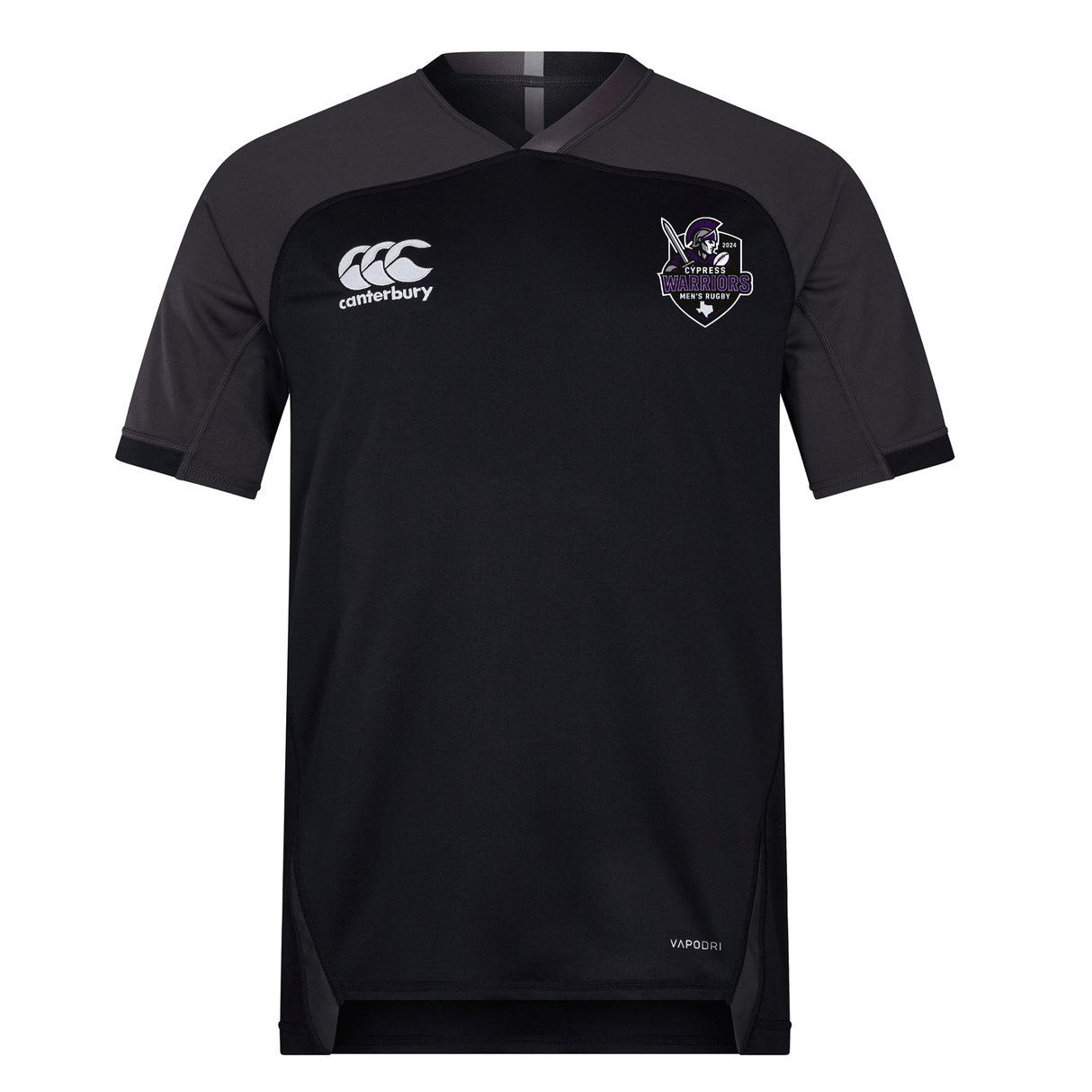 The Cypress Warriors Men's Rugby Vapodri Evader Jersey by EMB Canterbury is a black short-sleeve jersey with moisture-wicking technology, a white EMB Canterbury logo on the right chest, and a pirate-themed team crest on the left.