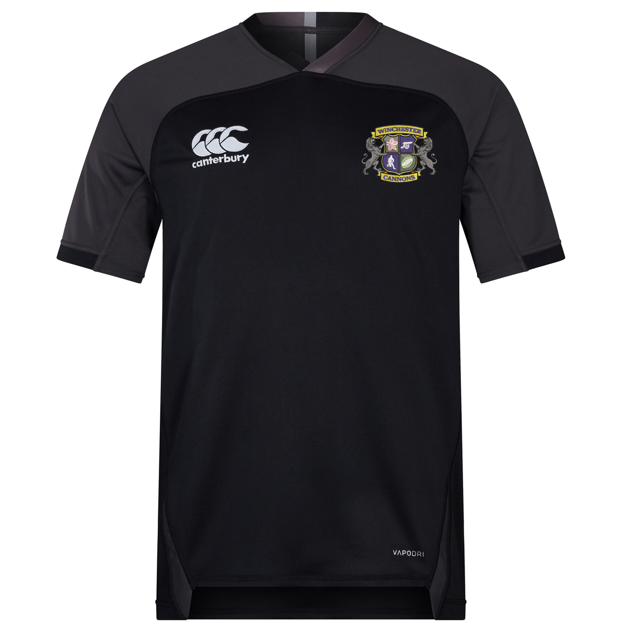 The Winchester Cannons Vapodri Evader Jersey by EMB Canterbury features black short sleeves, dark gray shoulders, a right-chest Canterbury logo, left crest with text and symbols, and moisture-wicking technology for comfort.