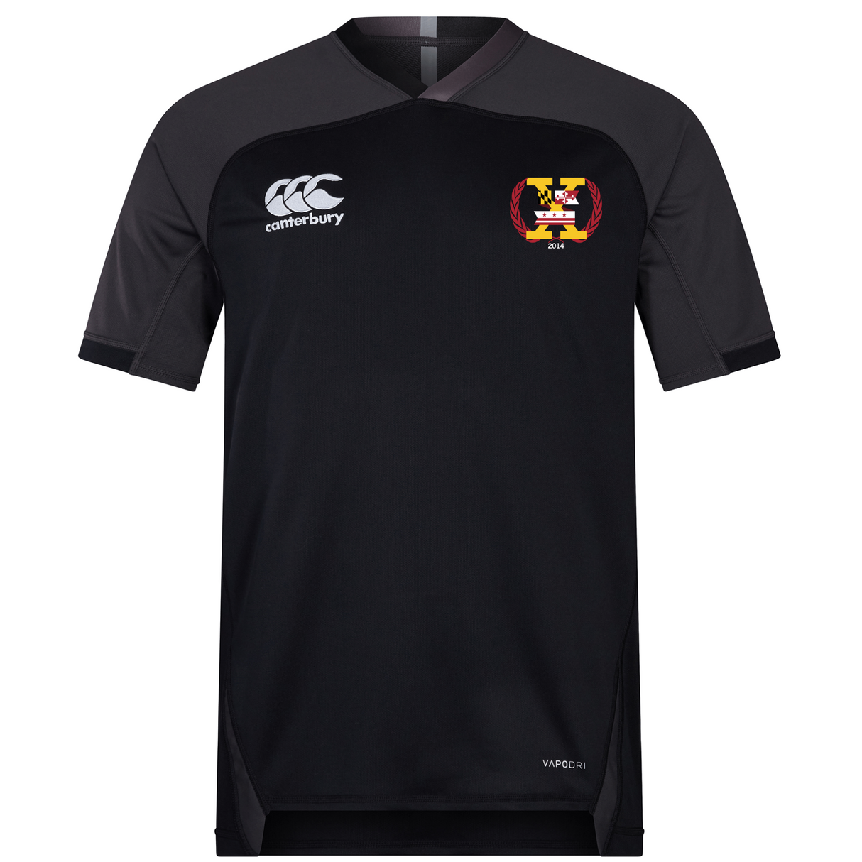 The Potomac Exiles Rugby Club Vapodri Evader Jersey by EMB Canterbury is a black, short-sleeve rugby jersey featuring the Canterbury logo on the right chest, a vibrant Potomac Exiles crest on the left chest, and "Vapodri" text near the hem. This jersey’s advanced moisture-wicking technology ensures you stay cool and comfortable throughout every match.