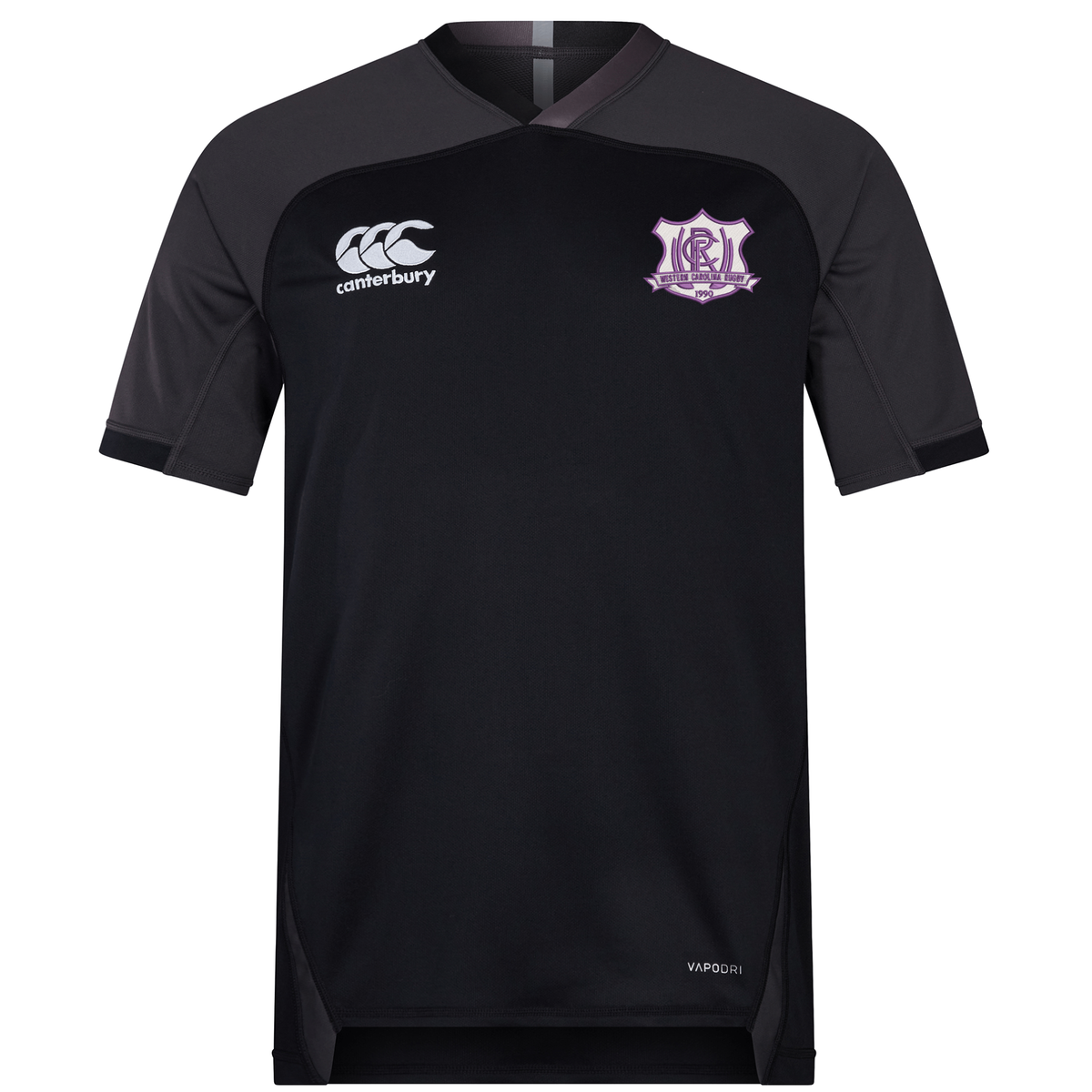 Black short-sleeve Western Carolina University Vapodri Evader Jersey by Canterbury featuring a purple and white team crest on the chest.