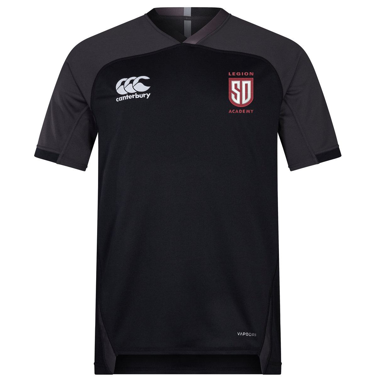 Black short-sleeved Canterbury Legion Academy Vapodri Evader Jersey with a charcoal collar, featuring a logo on the left chest that reads “Legion SD Academy.”