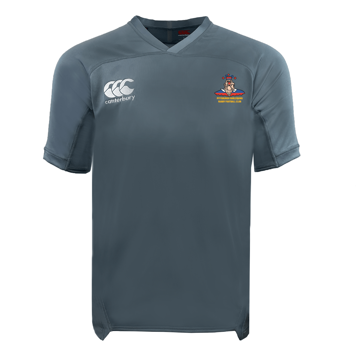 The Pittsburgh Harlequins Rugby Vapodri Evader Jersey by EMB Canterbury is a gray sports jersey featuring the Canterbury logo and a vibrant embroidered crest on the chest, designed with Vapodri moisture-wicking technology for improved performance.