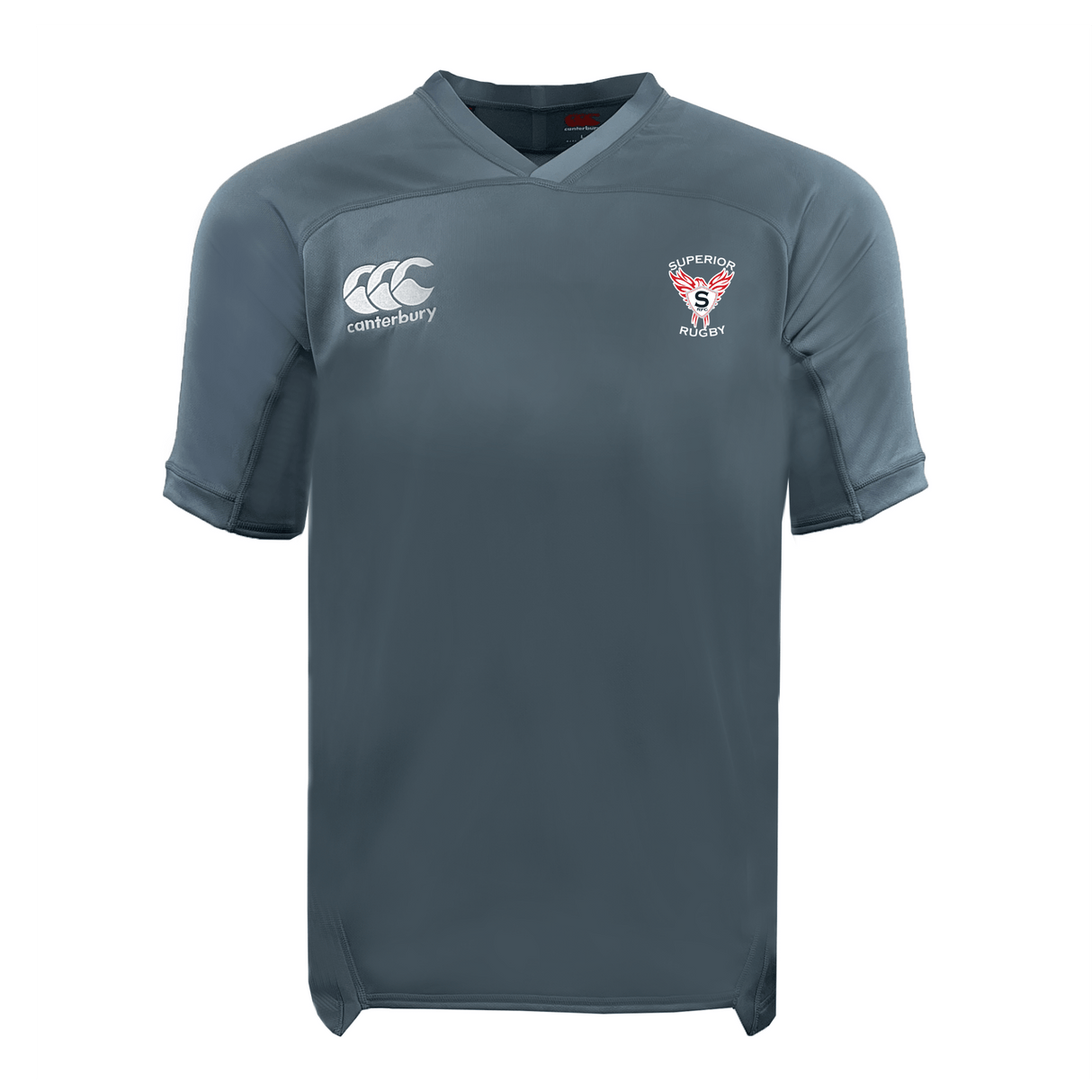 The EMB Canterbury Superior Rugby Club Vapodri Evader Jersey is a gray short-sleeve top with moisture-wicking tech, featuring the Canterbury logo on the right chest and Salford Red Devils crest on the left.