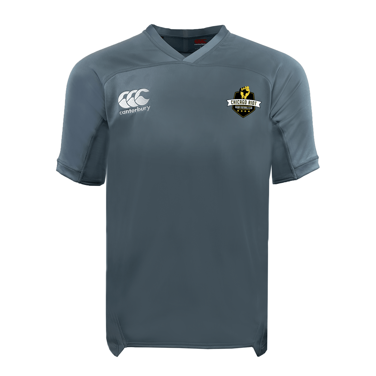 The Chicago Riot Vapodri Evader Jersey by EMB Canterbury features moisture-wicking fabric, the EMB Canterbury logo on the right chest, and a Chicago Riot emblem on the left chest.