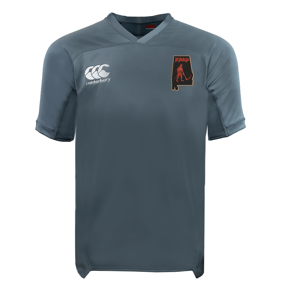 Grey Aging Alabama Rugby Players Vapodri Evader Jersey by Canterbury, featuring an Alabama state silhouette logo with a pirate graphic and the word “HARD.”.