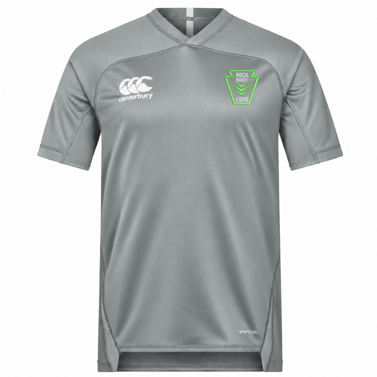 Grey short-sleeve V-neck Rock Rugby Vapodri Evader Jersey by Canterbury with a team crest on the left chest.