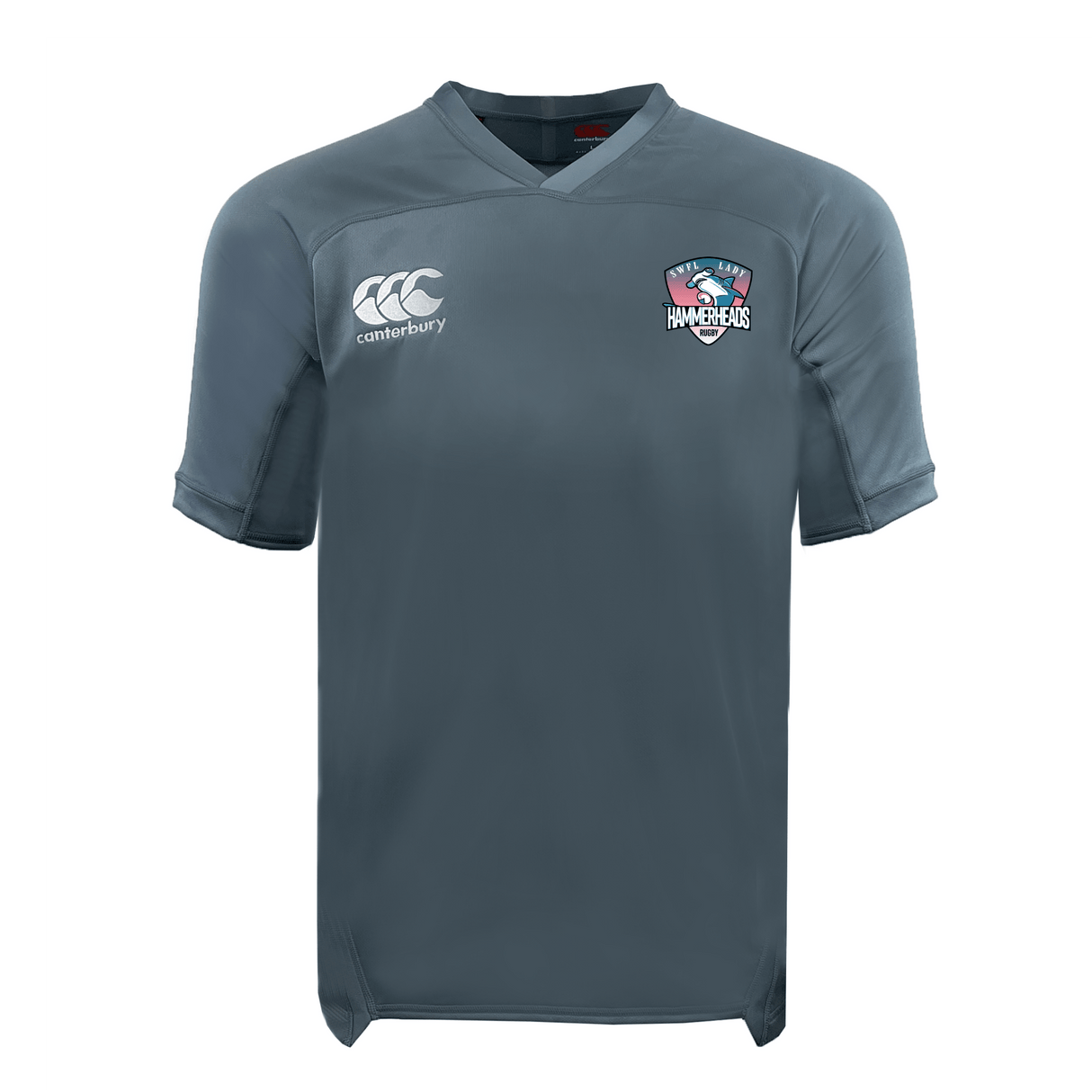 The SWFL Lady Hammerheads Vapodri Evader Jersey by WRS Canterbury is a gray short-sleeve jersey with moisture-wicking technology, featuring the Canterbury logo on the right chest and "Hammers" logo on the left.