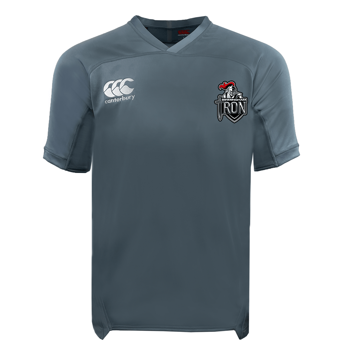 The Birmingham Iron Women's Football Vapodri Evader Jersey by EMB Canterbury is a gray short-sleeved rugby jersey with moisture-wicking Vapodri technology, a Canterbury logo on the right chest, and an Iron knight helmet crest on the left.