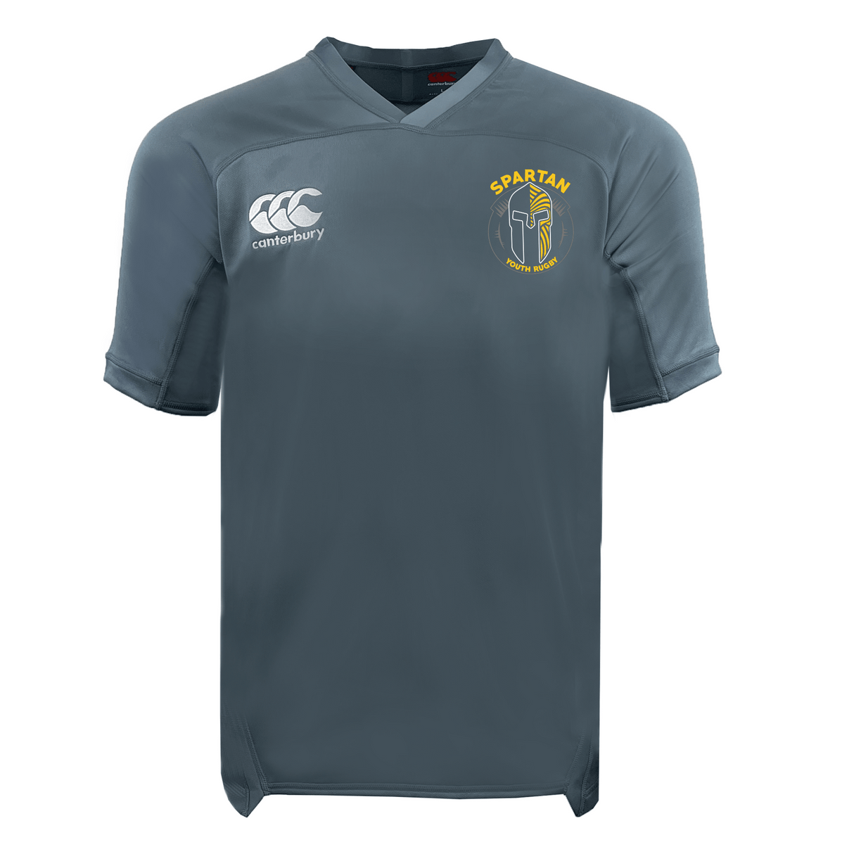 The Spartan Youth Rugby Vapodri Evader Jersey by EMB Canterbury is a grey short-sleeve top with the Canterbury logo on the right chest, Spartan Youth Rugby emblem on the left, and features moisture-wicking Vapodri technology for comfort.