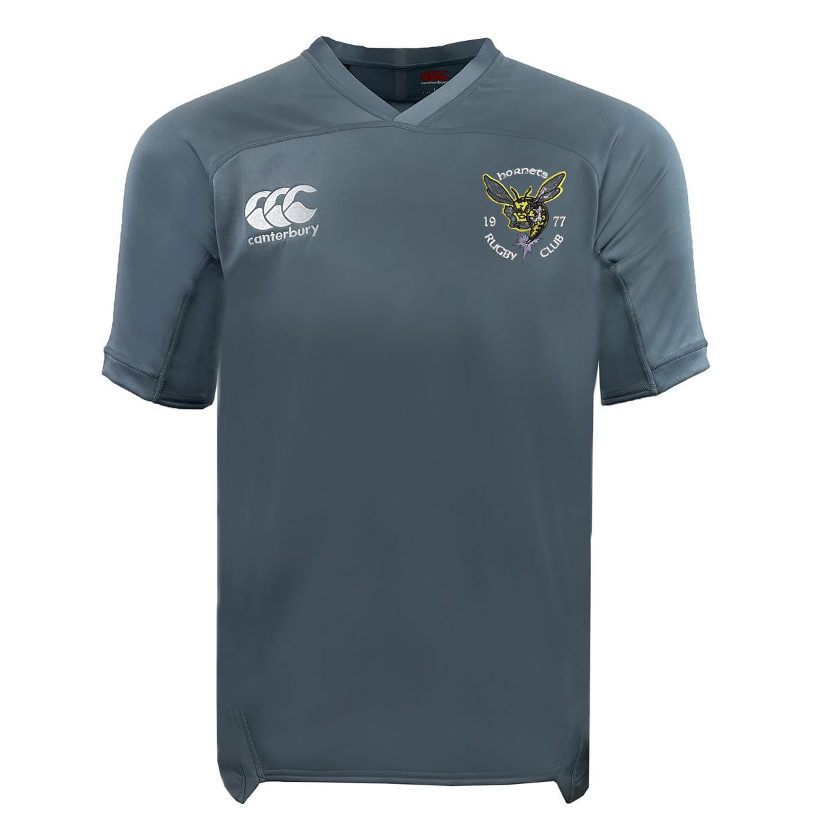 EMB Canterbury Hornets Rugby Club 1977 Vapodri Evader Jersey in gray, featuring short sleeves, advanced moisture-wicking fabric, the EMB Canterbury logo, and a Hornets Rugby Club crest on the chest.