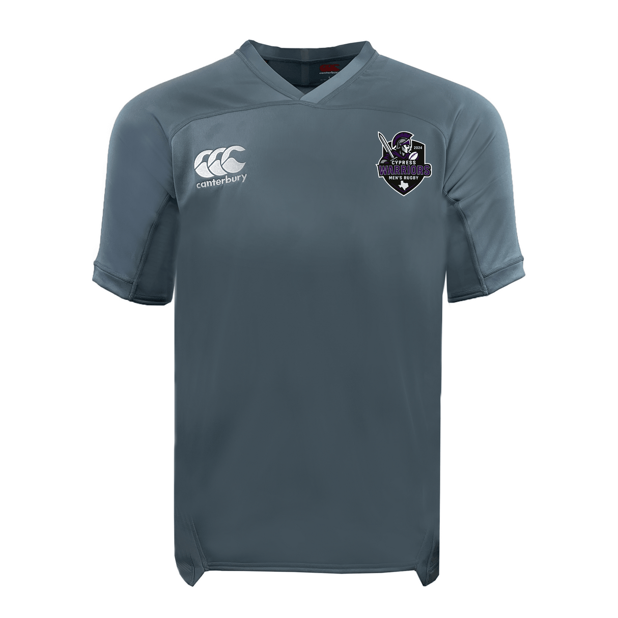 The Cypress Warriors Men's Rugby Vapodri Evader Jersey by EMB Canterbury features gray short sleeves, moisture-wicking tech, the Canterbury logo on the right chest, and a purple/black pirate-themed crest on the left.
