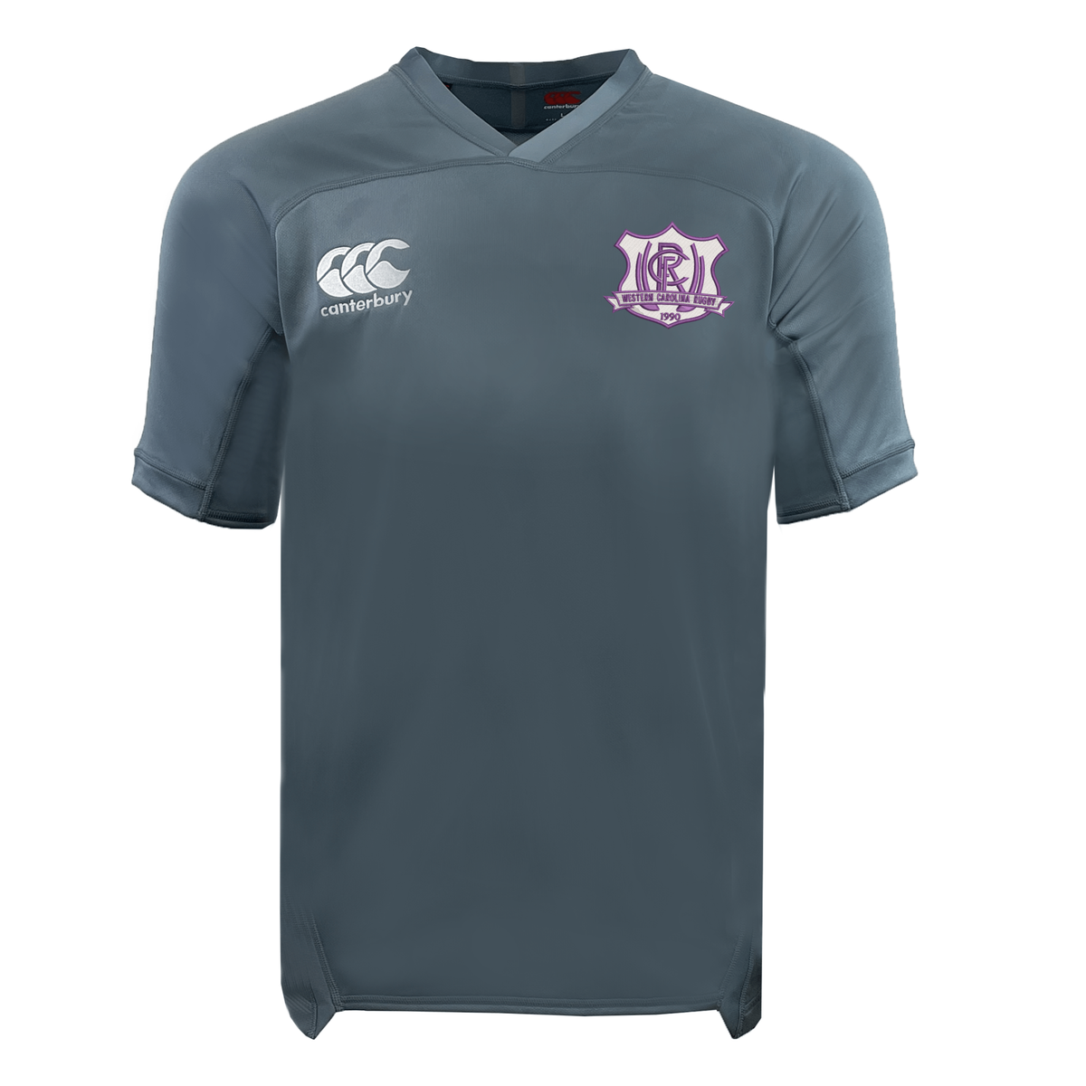 Grey moisture-wicking Western Carolina University Vapodri Evader Jersey by Canterbury with a chest logo featuring “Western Carolina Rugby” and the year 1995.
