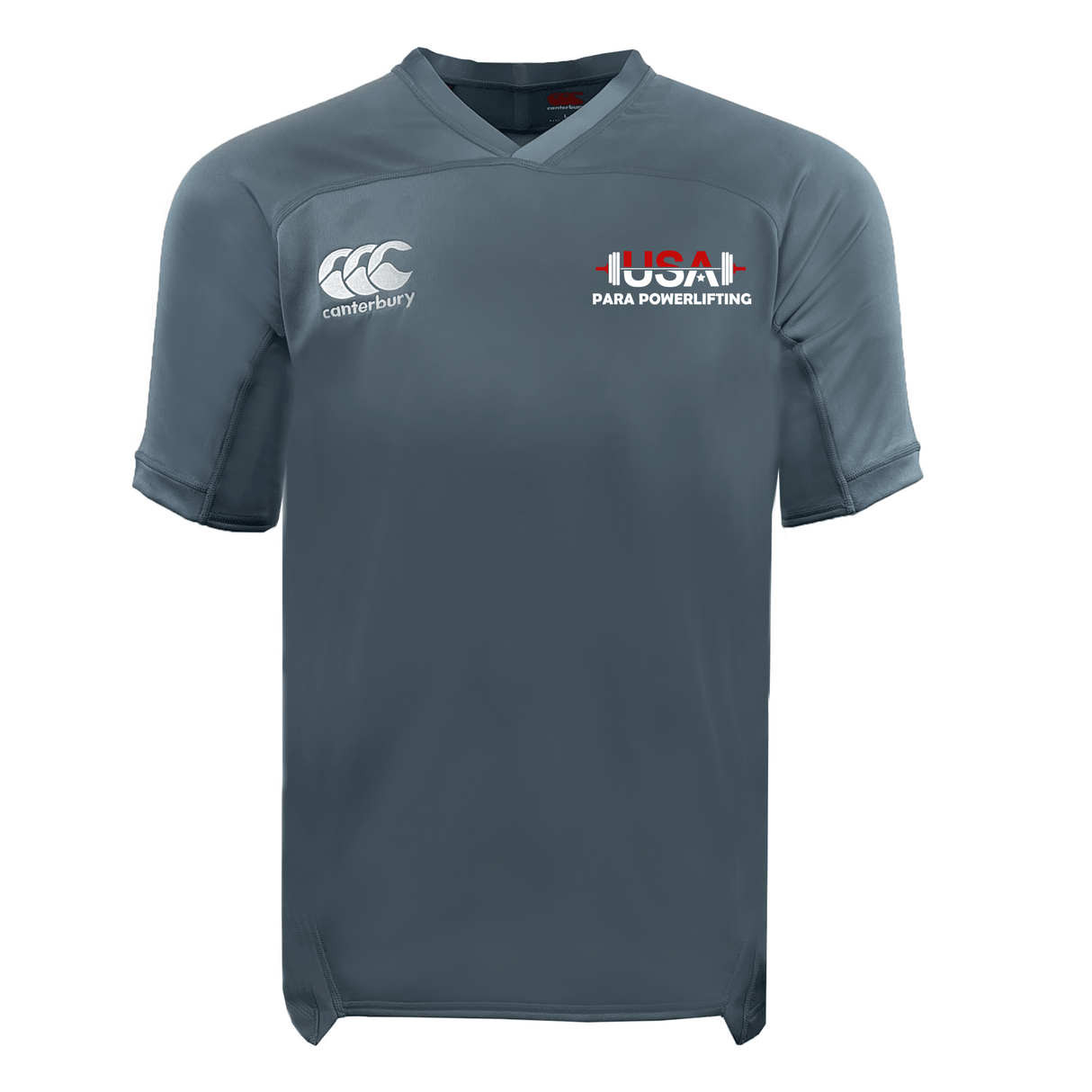 The USA Para Powerlifting Vapodri Evader Jersey by EMB Canterbury is a gray short-sleeve shirt featuring the logo and text on the chest, with moisture-wicking technology and classic rugby-inspired design.