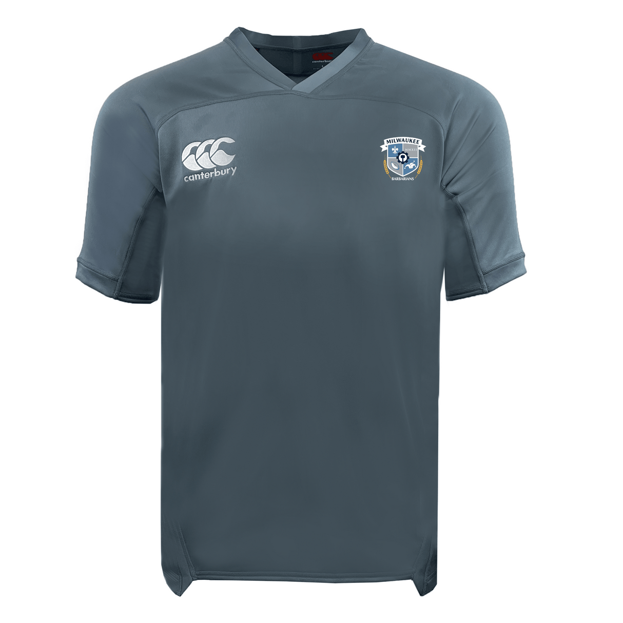 The Milwaukee Barbarians Rugby Vapodri Evader Jersey by EMB Canterbury is a gray short-sleeve rugby top with a V-neck, moisture-wicking fabric, the Canterbury logo on the right chest, and the club crest on the left.