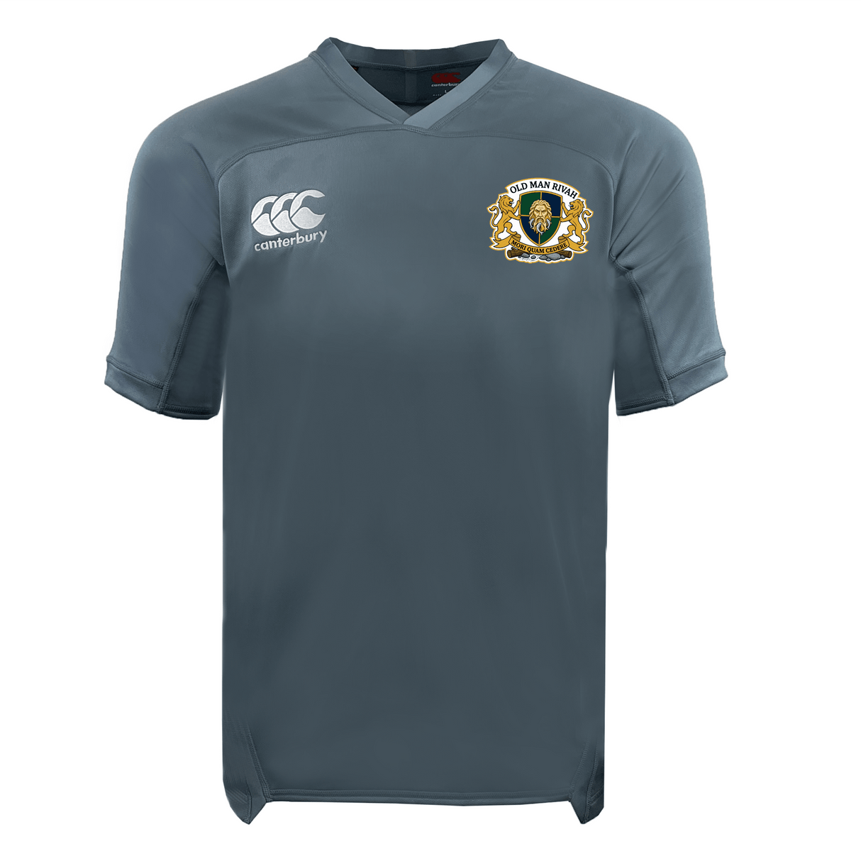 The Old Man Rivah Rugby Vapodri Evader Jersey by EMB Canterbury is a gray short-sleeve jersey with moisture-wicking tech, the Canterbury logo on the right chest, and an "Old Man Rivah" crest on the left.