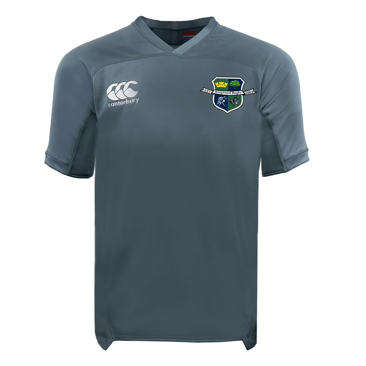 The Kingwood Rugby Vapodri Evader Jersey by EMB Canterbury is a grey, short-sleeved v-neck rugby shirt with a left chest Canterbury logo, right chest Kingwood Rugby 2004 crest, and moisture-wicking fabric for comfort.