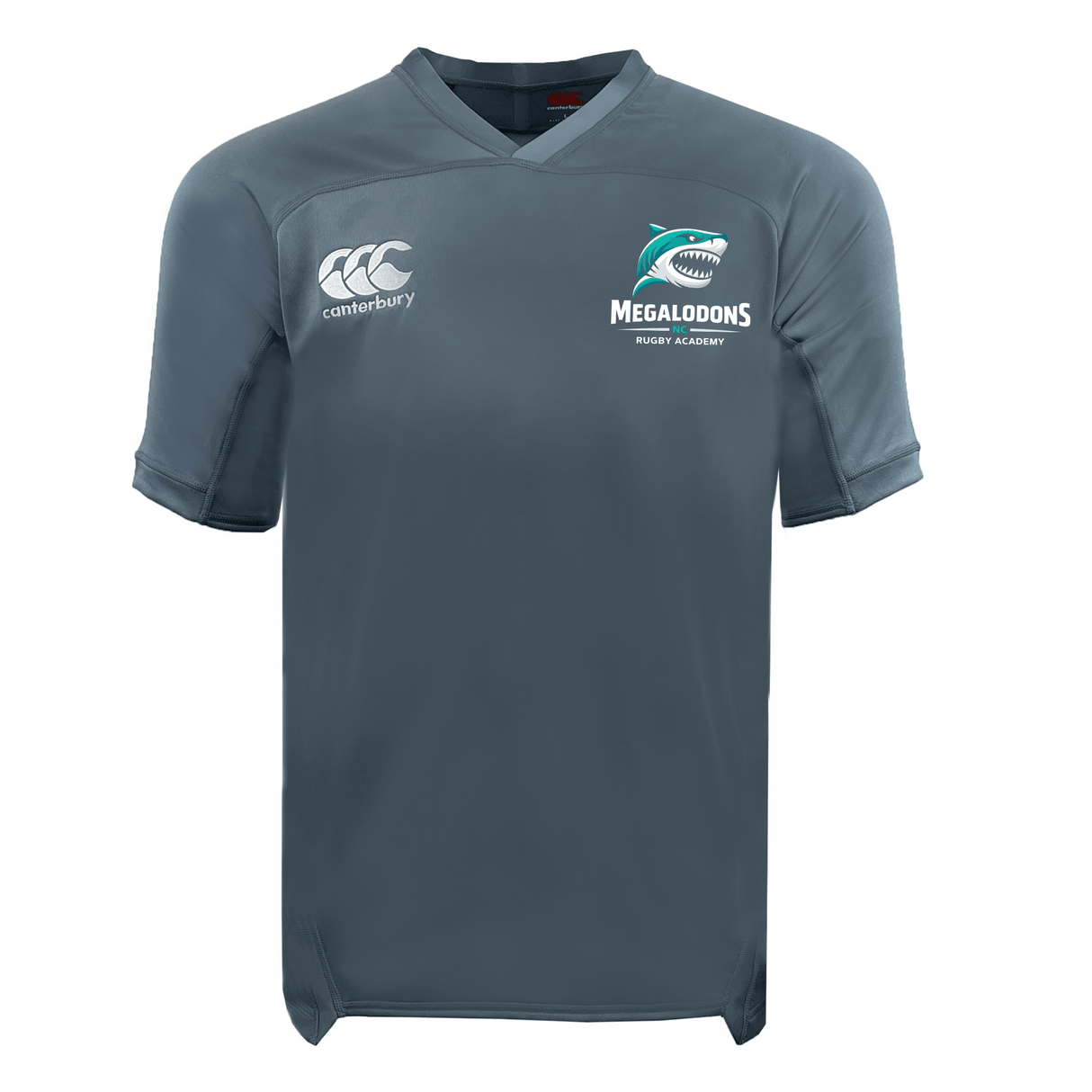 The NC Rugby Academy - Megalodons Vapodri Evader Jersey by EMB Canterbury features short sleeves, "Canterbury" and "Megalodons Rugby Academy" logos, a shark graphic, and moisture-wicking fabric for cool comfort on the field.