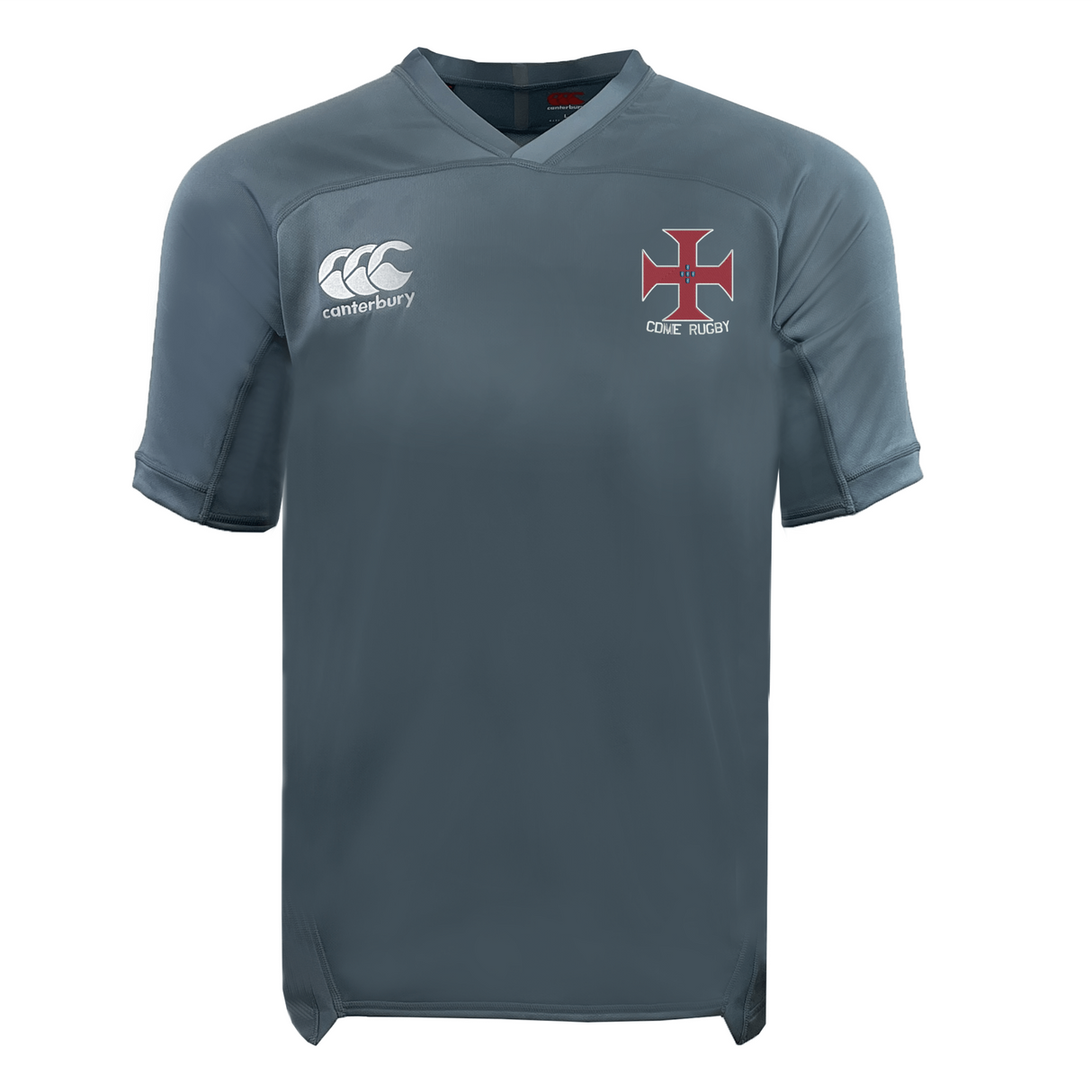Gray short-sleeve SF CDME Rugby Vapodri Evader Jersey by EMB Canterbury, featuring advanced moisture-wicking Vapodri technology, adorned with a white EMB Canterbury logo on the right chest and a red cross emblem with "CORIE RUGBY" on the left chest—designed in the classic style of the Canterbury Evader jersey.