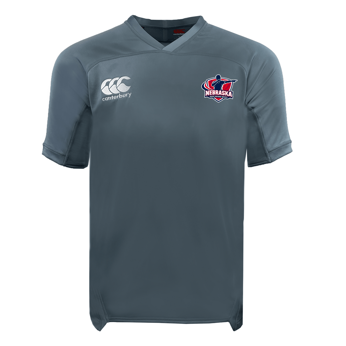 The Nebraska Rugby Referee Society Vapodri Evader Jersey by EMB Canterbury is gray, features the Canterbury logo on the right chest and a Nebraska bison logo on the left, and uses moisture-wicking fabric for comfort.