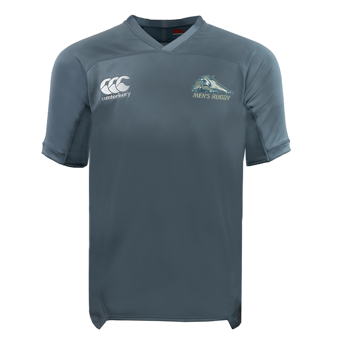 University of New Hampshire Vapodri Evader Jersey by Canterbury in grey, featuring a V-neck, short sleeves, a logo on the left chest, and a wildcat mascot emblem with “MEN’S RUGBY” on the right.