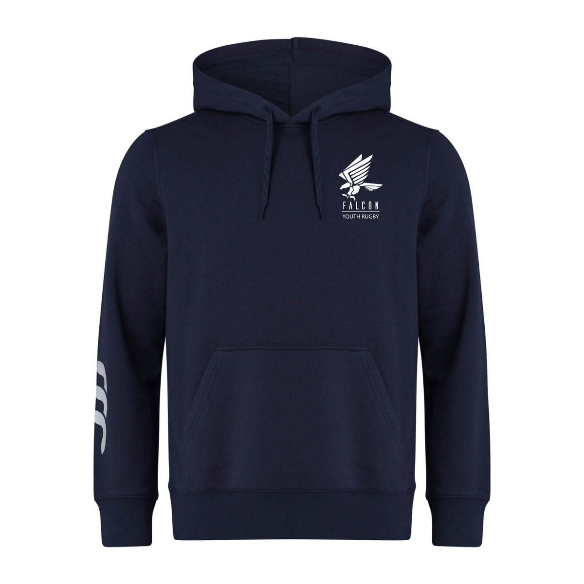 The Falcon Youth Rugby Embroidered Club Hoodie by EMB Canterbury, in navy blue, is made of cozy sweatshirt fleece and includes a hood and front pocket. It features a white falcon logo on the chest, a white stripe on the left sleeve, and subtle CCC branding for added style.
