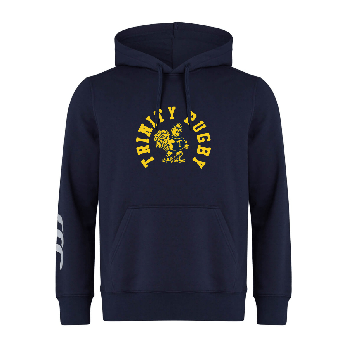 The Trinity College Club Hoodie by WRS Canterbury in navy blue showcases the "TRINITY RUGBY" logo and a yellow lion graphic on the front. It features three white stripes on the right sleeve, highlighting its authenticity with Canterbury branding. You can also add personal customization for a unique touch.
