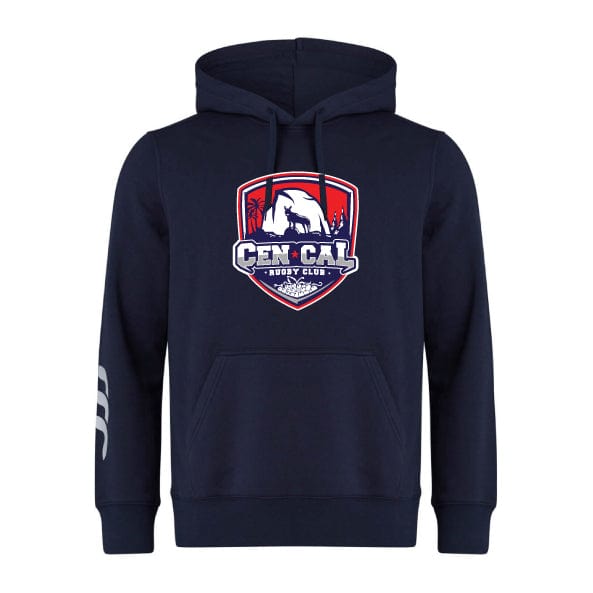 The CenCal Rugby Club Hoodie by WRS Canterbury features a navy blue design, front pocket, and chest logo with a bear and trees. White stripes on the left sleeve add a sporty touch to this team-inspired Canterbury sweatshirt.
