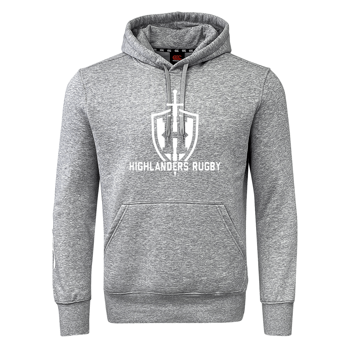 This comfortable sweatshirt, the Highlanders Rugby NC Club Hoodie by Canterbury from WRS Canterbury, features a gray hooded design with a front pocket and proudly displays a white "HIGHLANDERS RUGBY" emblem and logo on the chest. Ideal for any Rugby Club Hoodie enthusiast.