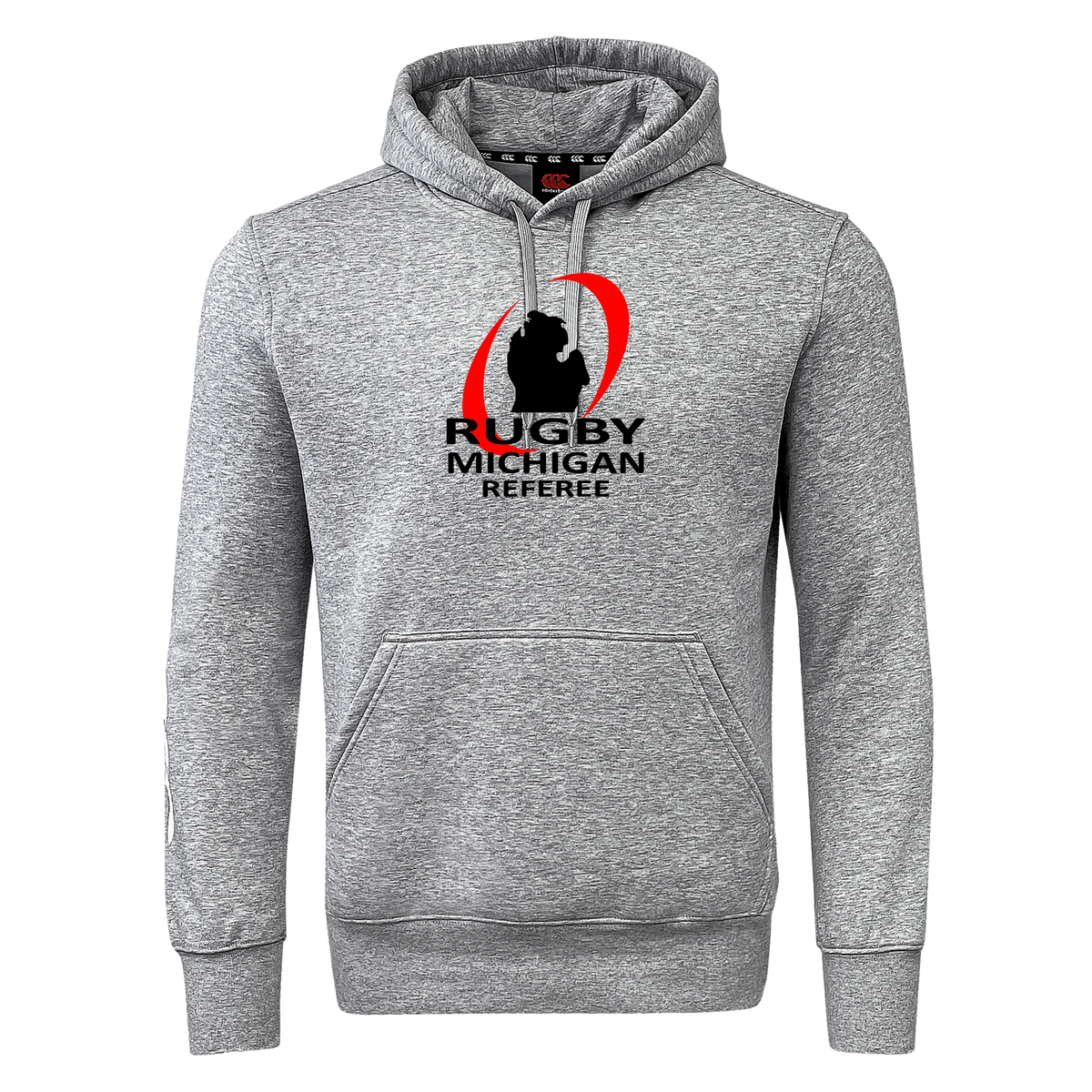 The Rugby Michigan Referee Society Club Hoodie by WRS Canterbury is a gray hoodie featuring "Rugby Michigan Referee" and a logo on the front, with options for customization to create your ideal Rugby Club Hoodie.