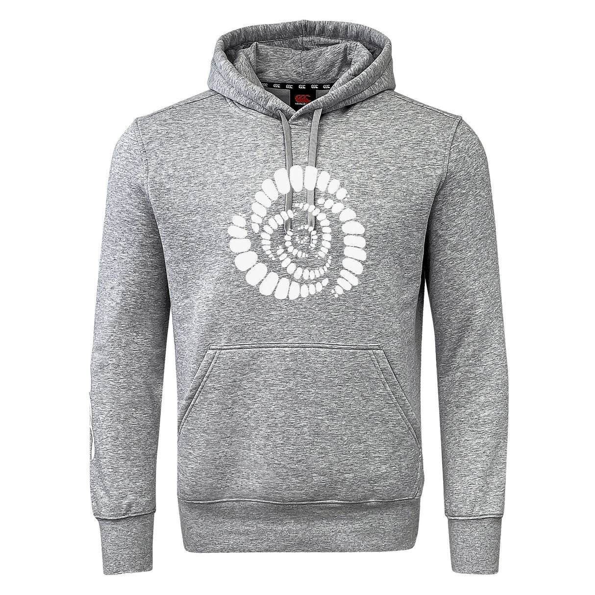 The Missoula All-Maggots Club Hoodie by WRS Canterbury features a gray design with a white spiral shell graphic on the chest and a front kangaroo pocket, making it perfect for fans of classic rugby club hoodie style.